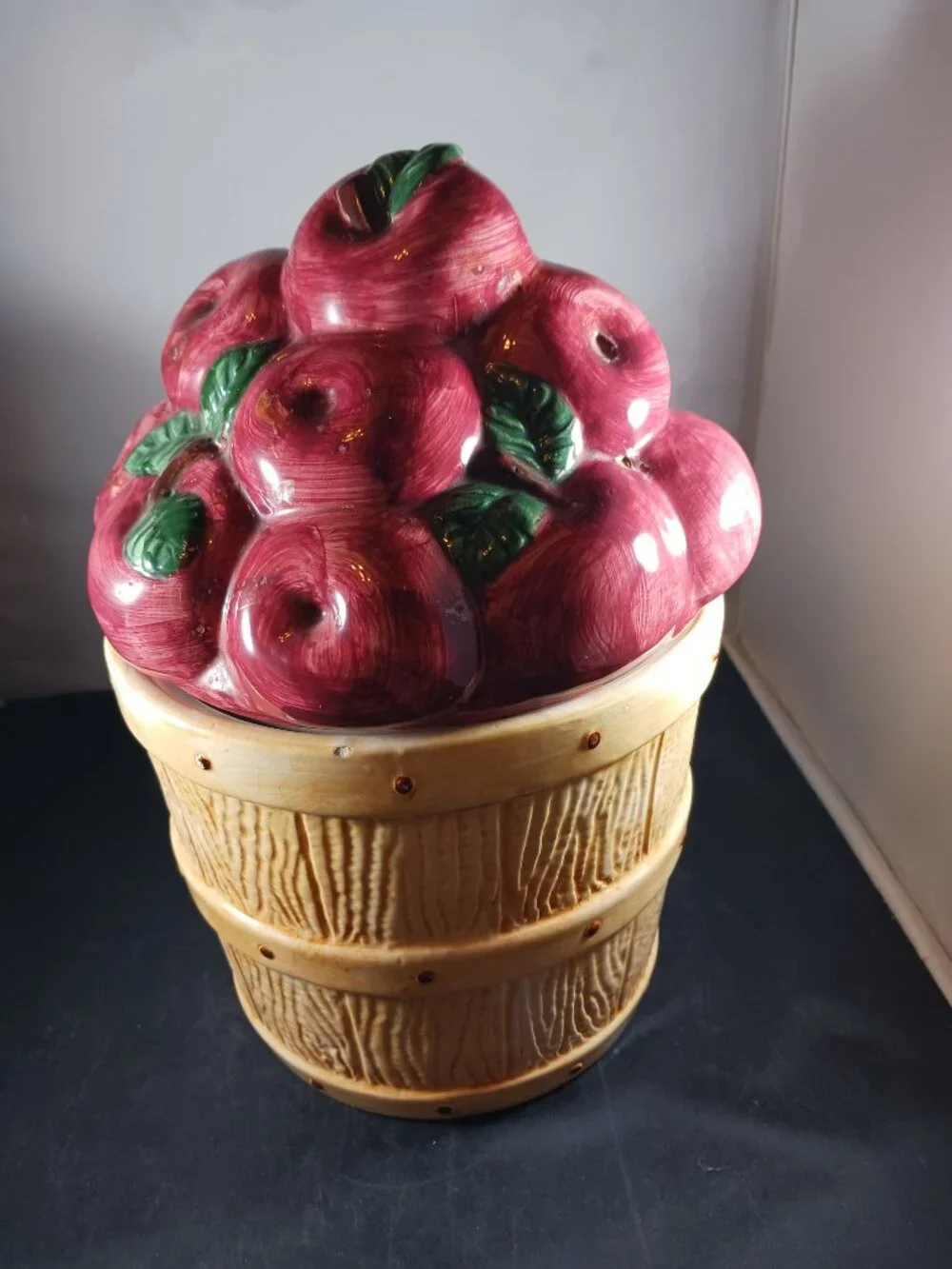 Vintage 10in Tall Ceramic Apple Basket Cookie Jar